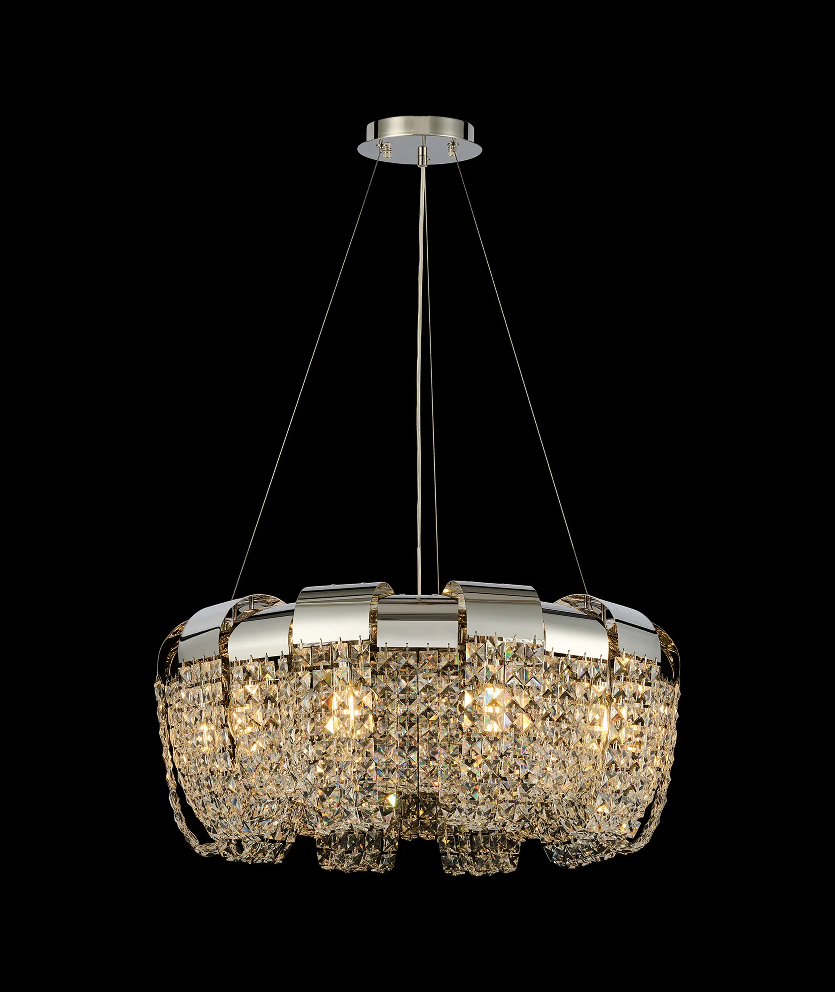 Kalani Polished Nickel Crystal Ceiling Lights Diyas Ringed & Square Crystal Fittings